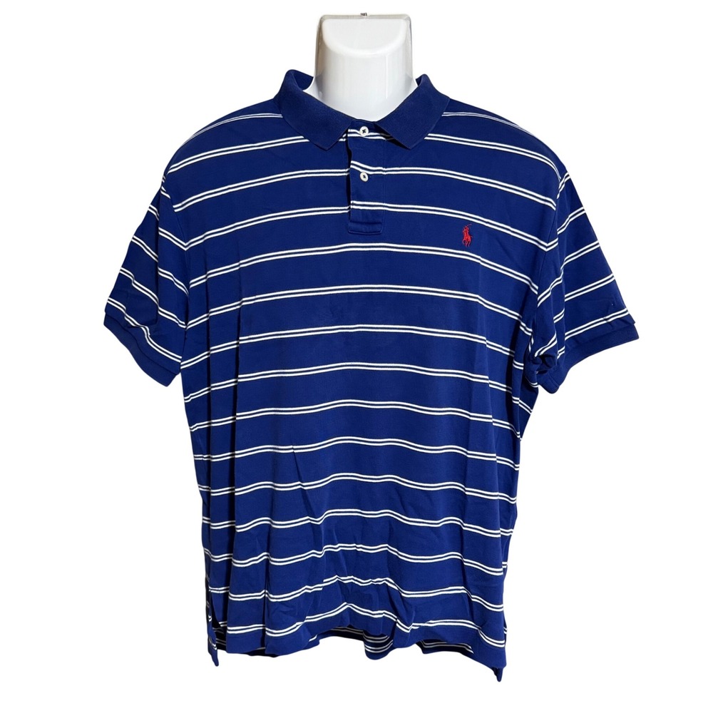 Polo Ralph Lauren Polo Shirt Mens XL Blue White Striped Short Sleeve Logo Vtg